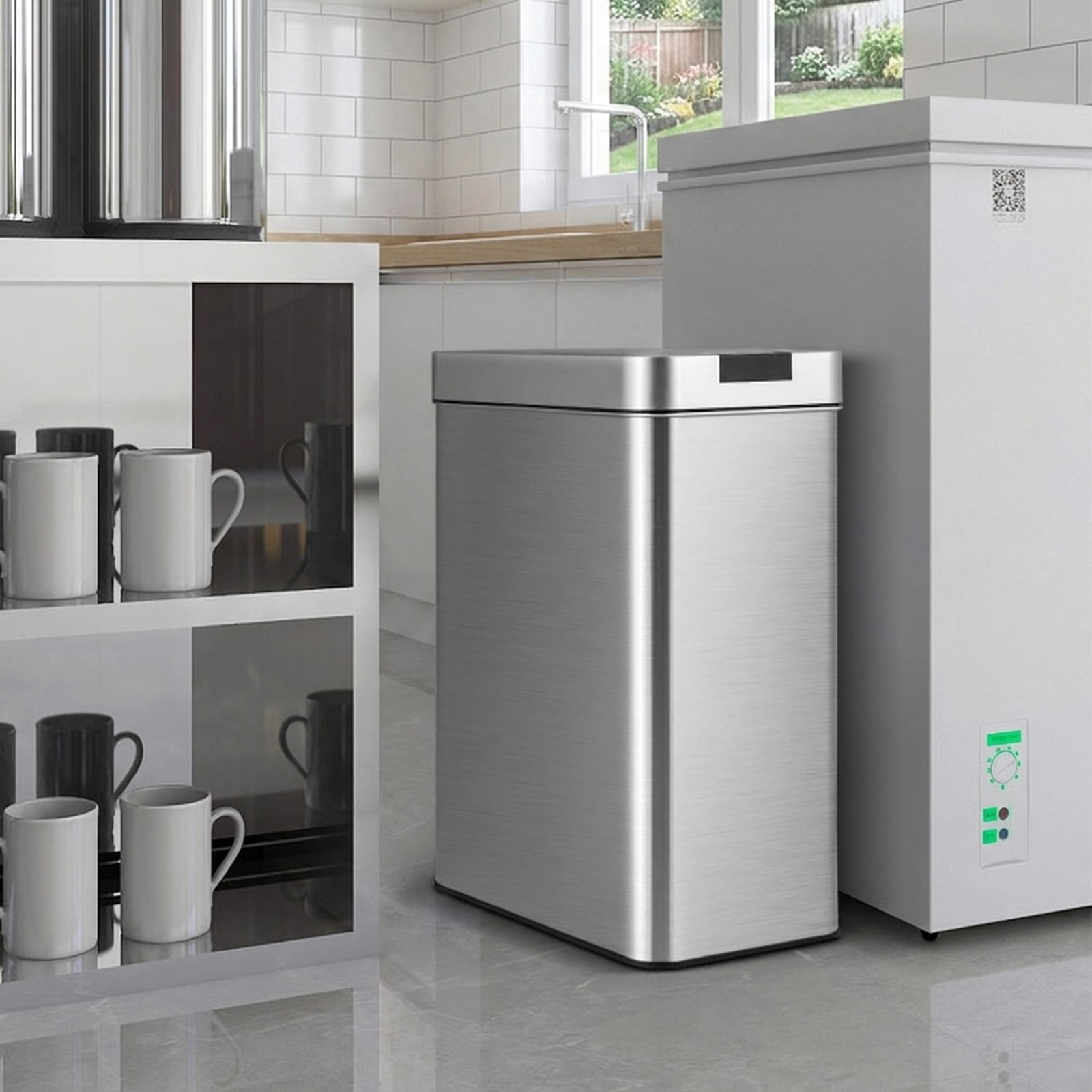 RUIE 13.2 Gallon Slim Kitchen Trash Can with Sensor, Stainless Steel Motion Sensor Garbage Can with Wing Lids, Silver