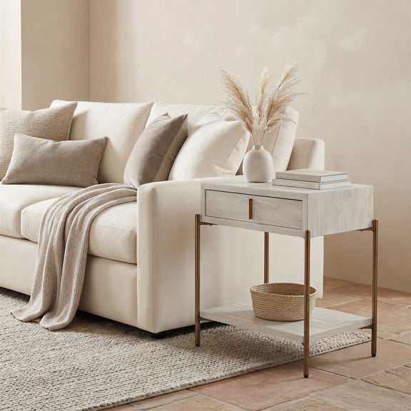 Yoru Side Table Oak White End Table, Modern Style, Wood Veneer MDF rectangular shape tabletop, MDF, Indoor Living