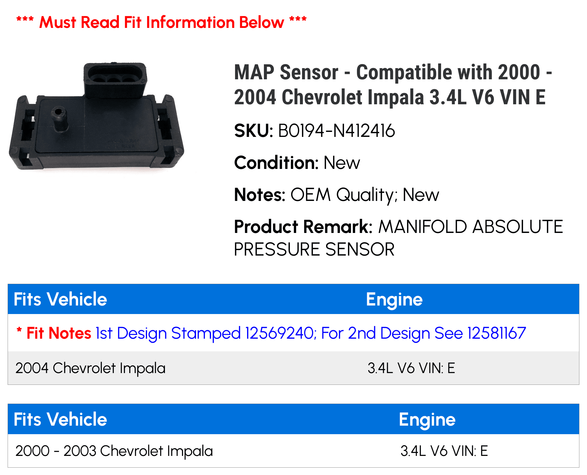 MAP Sensor - Compatible with 2000 - 2004 Chevy Impala 3.4L V6 VIN E 2001 2002 2003