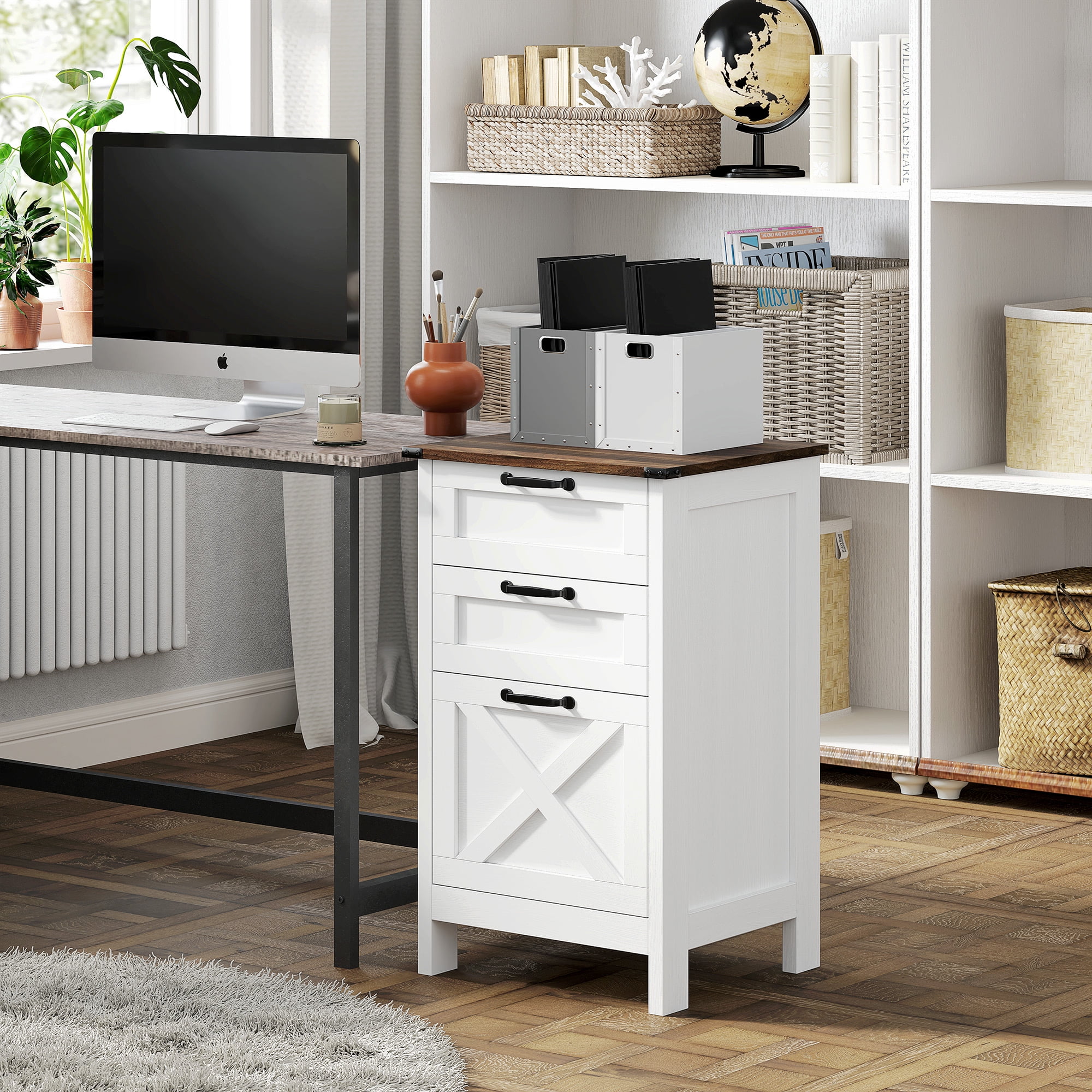 HOMCOM 3 Drawer File Cabinet, Filing Cabinet for Hanging A4/Letter Size, Farmhouse Printer Stand with Storage for Home Office, Distressed White
