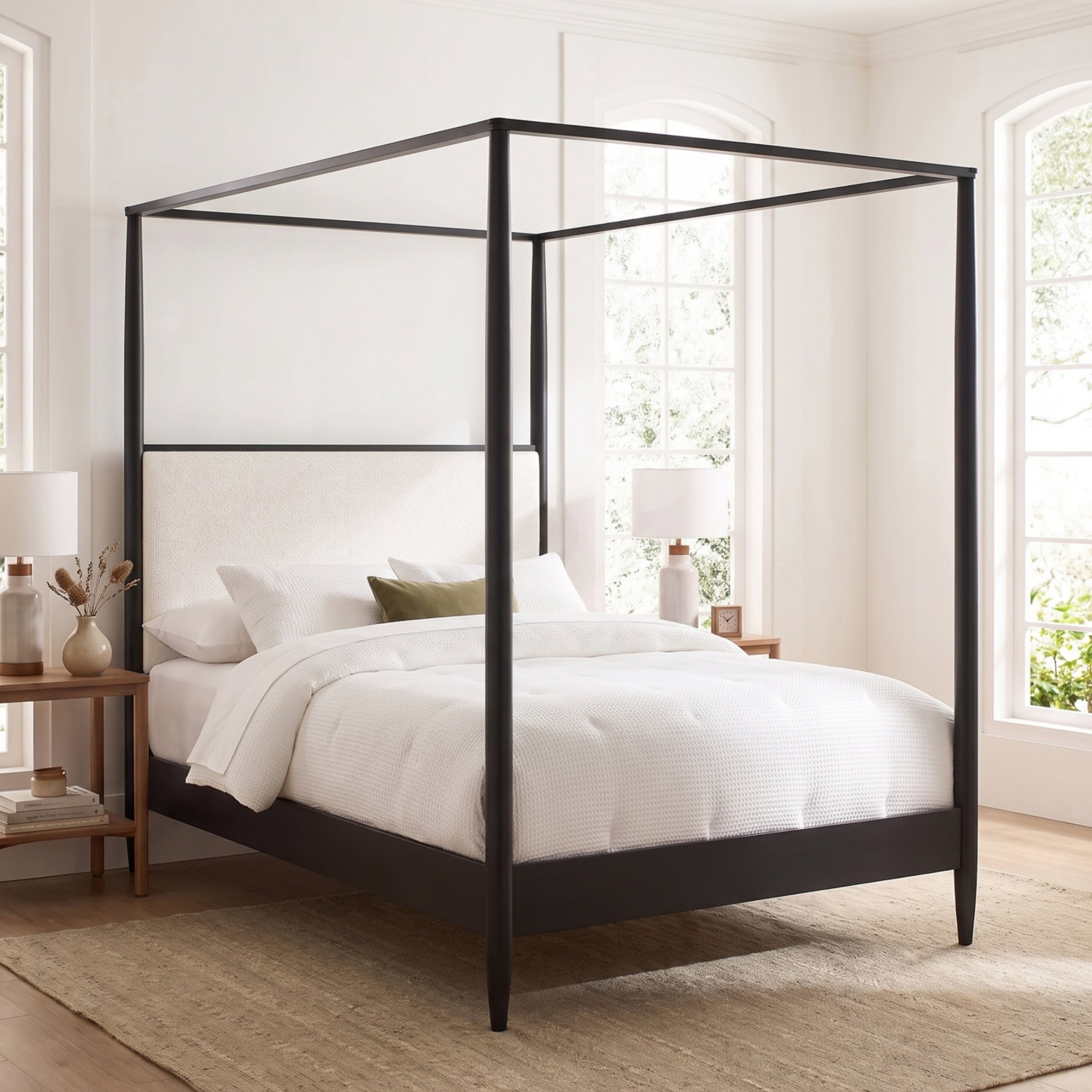 Euroco Modern Wood Queen Size Canopy Bed, Mid-Century 4-Poster Platform Bed with Boucle Upholstered Headboard and Tapered Legs, No Box Spring Needed, Black