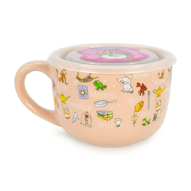 Taza de sopa de cerámica con diseño de princesa Disney con tapa ventilada, 700 ml