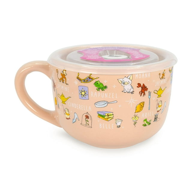 Taza de sopa de cerámica con diseño de princesa Disney con tapa ventilada, 700 ml