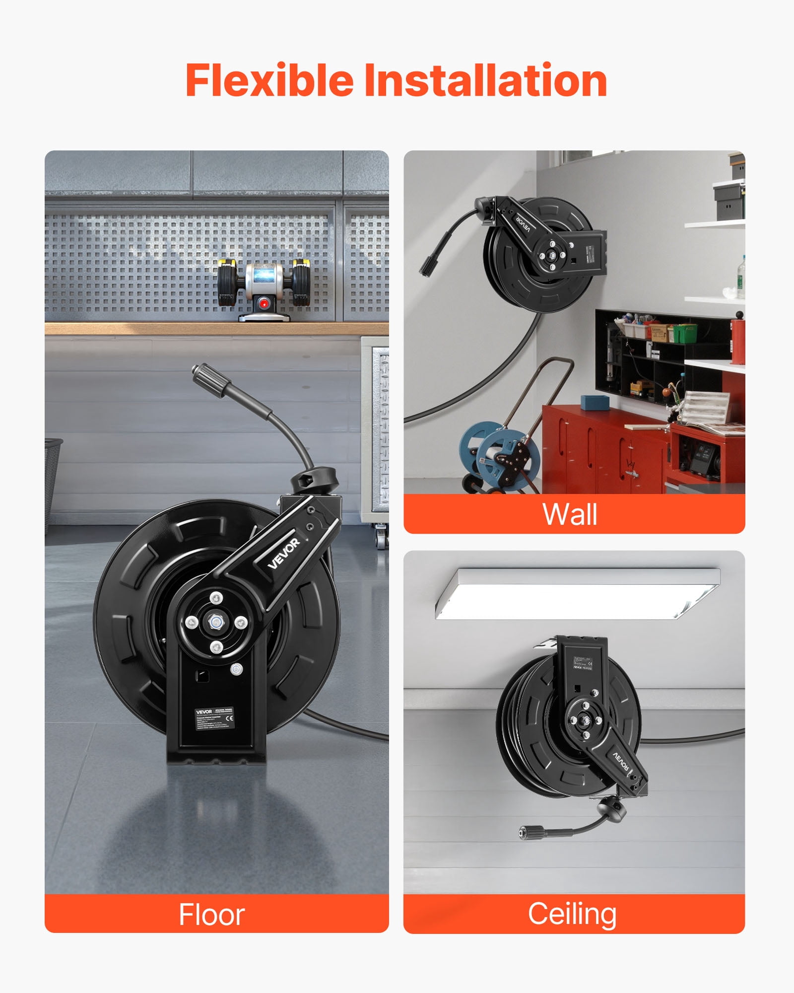 VEVOR Pressure Washer Hose Reel, 60 ft x 1/4 inch Retractable Power Heavy-Duty Steel Washer Hose Reel, 4000PSI Max, Auto-Rewinding, Flexible Wall/Floor Mounted for Car Washing,Garden,Floor Cleaning
