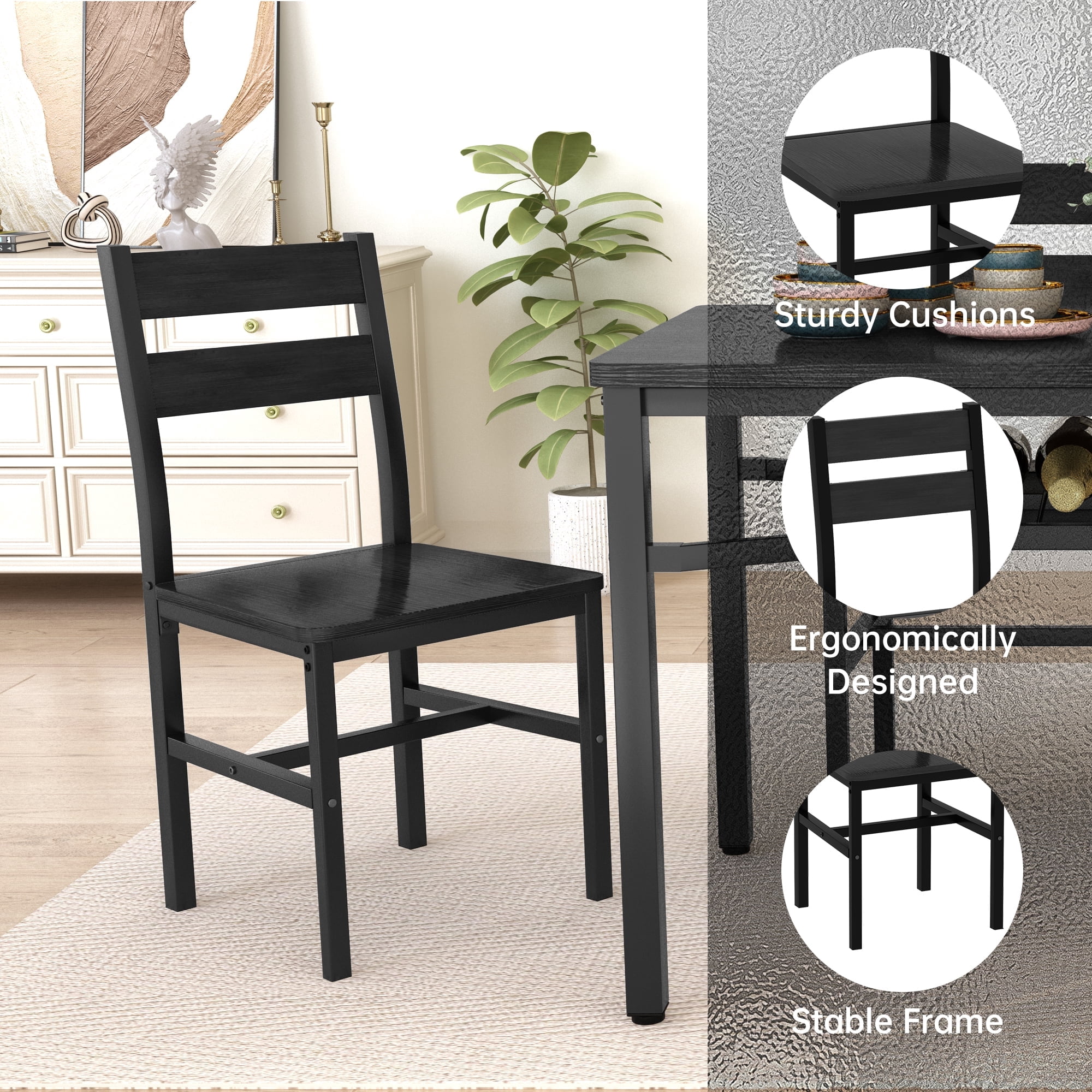 Baxluxe 4-person dining table set, farmhouse-style wooden kitchen dining table and chair set, farmhouse 5-piece dining table set with storage rack, small kitchen dining table set,Black
