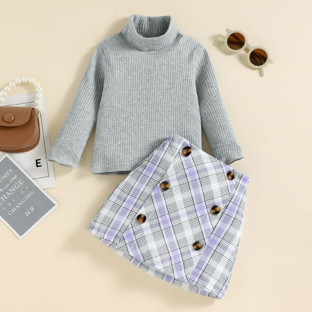 

Hunpta Toddler Girls Long Sleeve Ribbed T Shirt Tops Plaid Prints Skirt Outfits