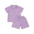 thumbnail image 5 of iixpin Kids Girls Boys Two-Piece Outfit Turn-Down Collar Short Sleeve Letter Embroidery T-shirt with Purple 140, 5 of 6