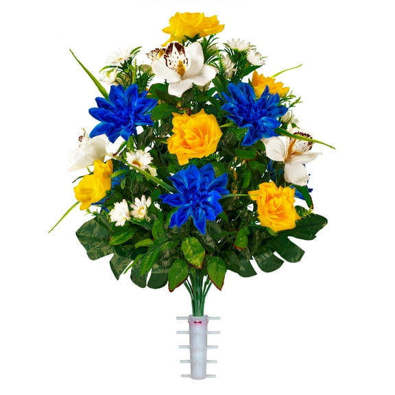Sympathy Silks Artificial Cemetery Flowers 24" Blue Dahlia/Yellow Rose/White Orchid Bouquet
