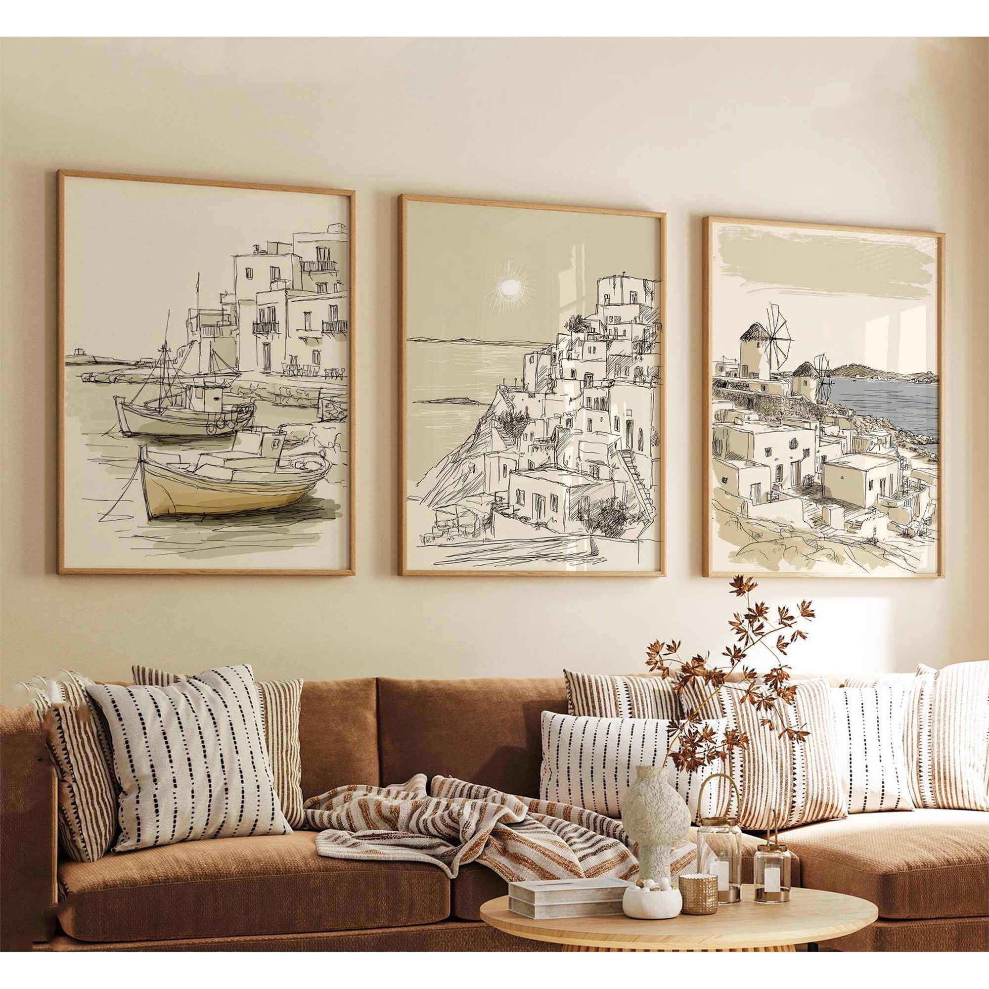 Mykonos Greece Travel Poster Minimal Line Coastal Village Wall Art Prints Home Decor Office Wall Art Set 3