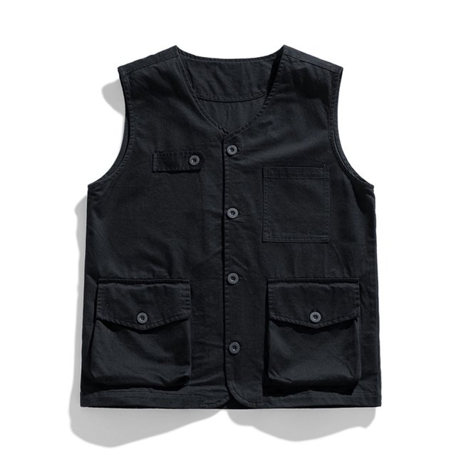 Men's Solid Color Summer Work Vest with Multiple Pockets, Button Front, and V-Neck Collar