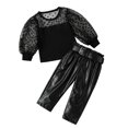 thumbnail image 2 of WOLLED Toddler Baby Spring Fall Leather Pants Set for Girls Long Sleeve Polka Dot Mesh Tops+ PU Leather Pants with Belt 1-6Y, 2 of 11