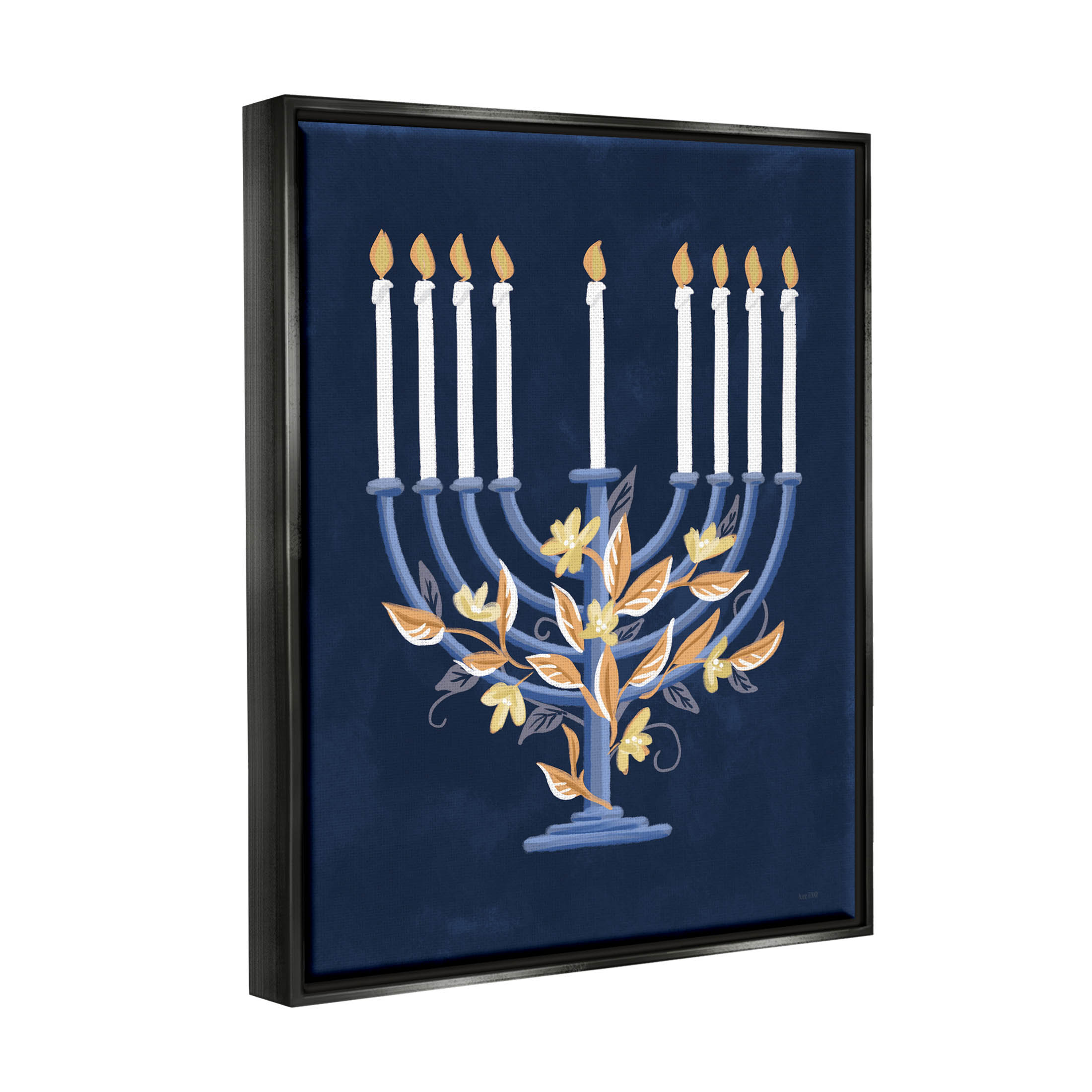 Traditional Floral Hanukkah Menorah Holiday Graphic Art Jet Black Framed Art Print Wall Art