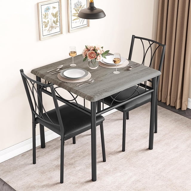 Dining Table Set for 2, Kitchen Table Set with 2 Upholstered Chairs, 3Pcs Dining Table Set, Kitchen Table Set for Apartment, Dining Room, Small Spaces, Breakfast Break, Retro Gray