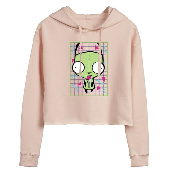 Invader ZIM - GIR Sticking Tongue Out - Retro Style Grid - Juniors Cropped Pullover Hoodie