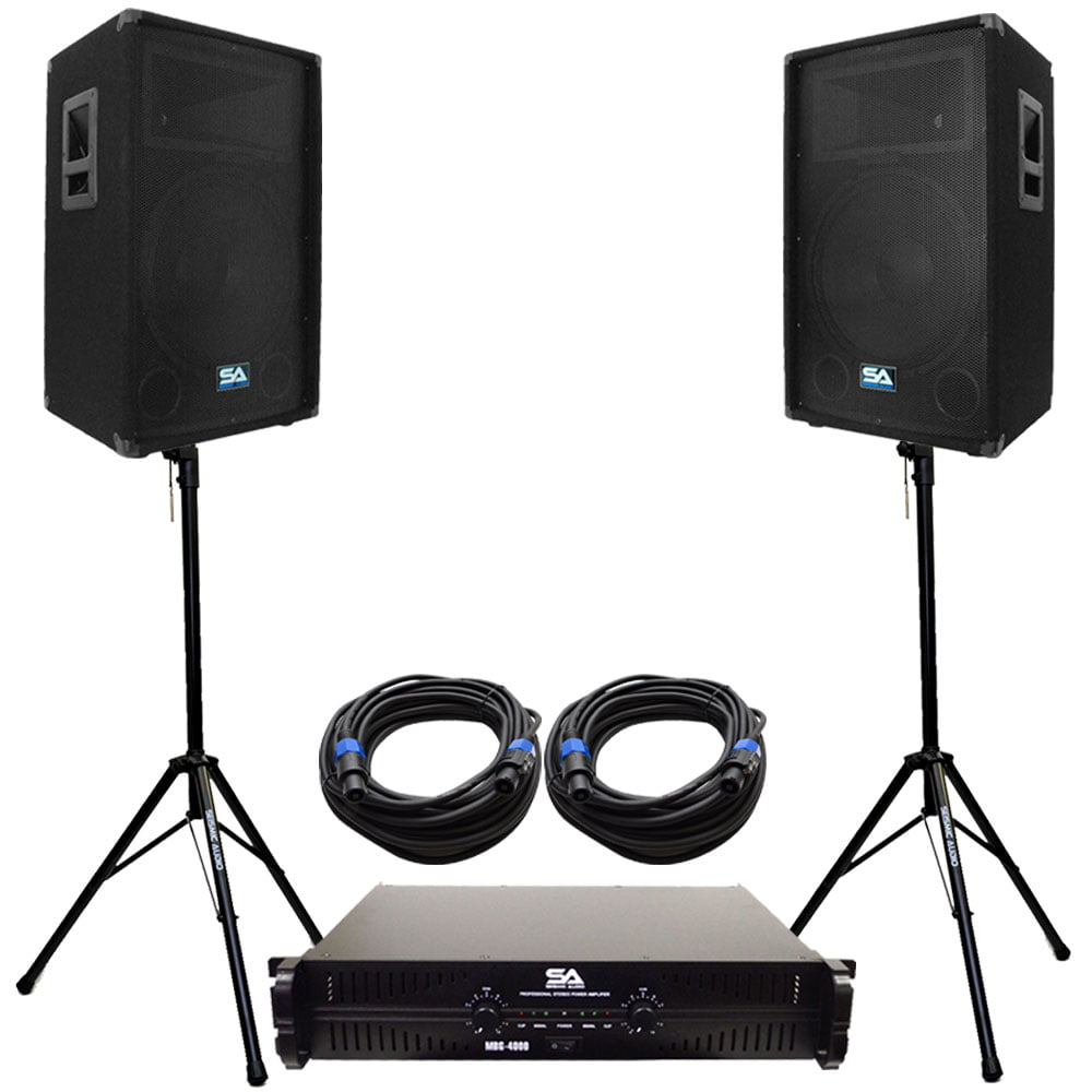 Seismic Audio Pair 15" PA DJ Speakers with Amplifer Stands & 50' Cables