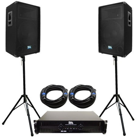 Seismic Audio Pair 15" PA DJ Speakers with Amplifer Stands & 50' Cables Pro Audio LoudSpeakers - SA-15TKT4