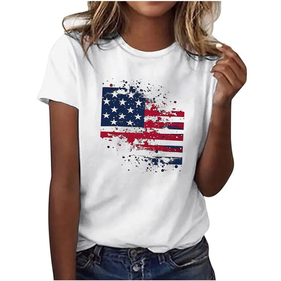 Women's Short Sleeve T-shirts Round Neck Short Sleeve 4th July Tees USA Flag Independence Day Festival Summer Outfits (XL, White 04)