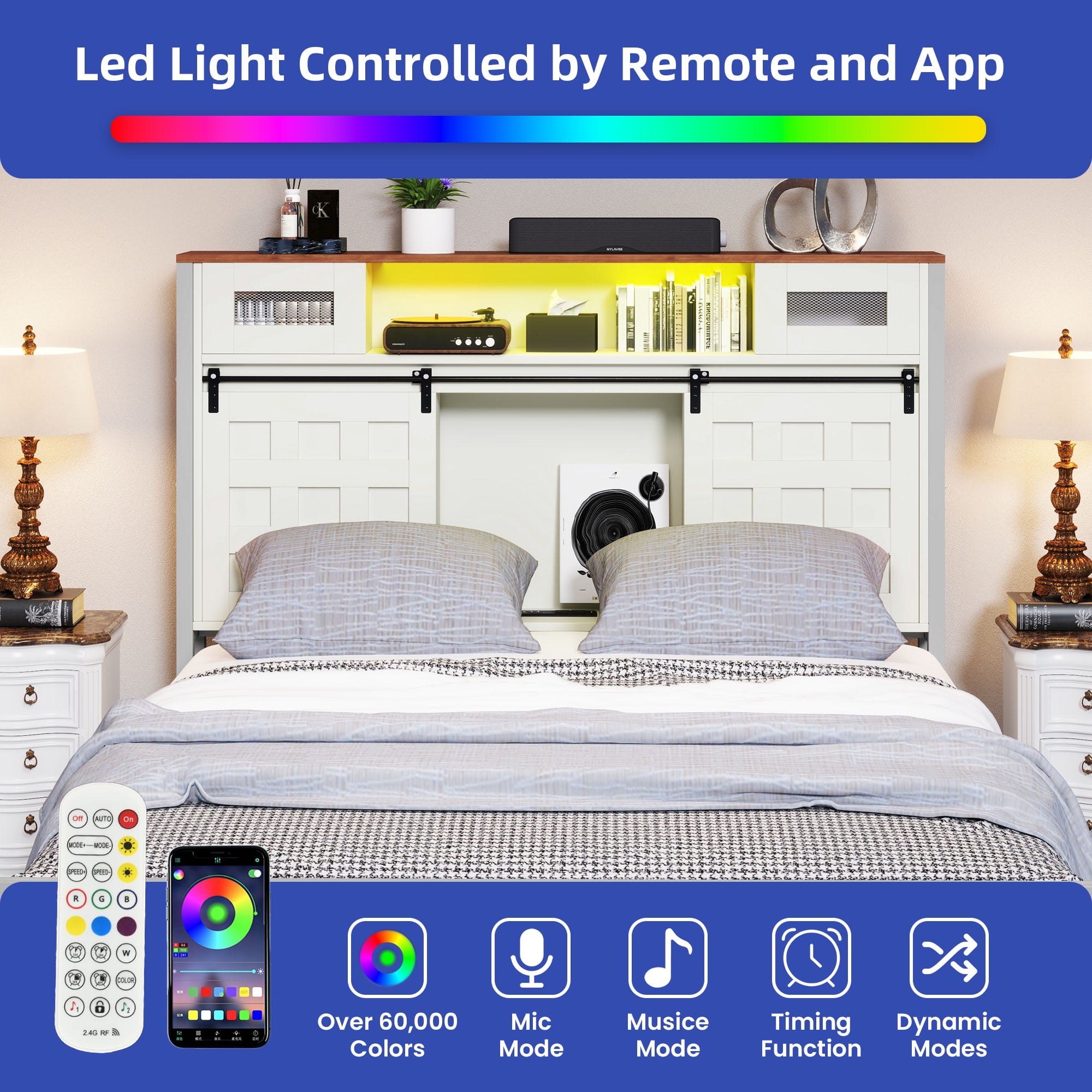 ModFusion Queen Size Bed Frame with Grid Barn Door Headboard Storage, LED Light Strip & USB Ports, White