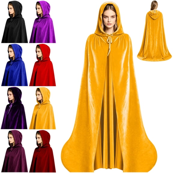 LEKWK Hooded Cloak Gothic Witch Costume Vintage Velvet Hooded Cape Full Length Tie Front Medieval Renaissance Costume for Halloween Cosplay Party