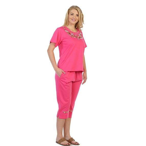 Unik Women's Short Sleeve Embroidered Floral Blouse and Matching Capri Set, Rose Size Large