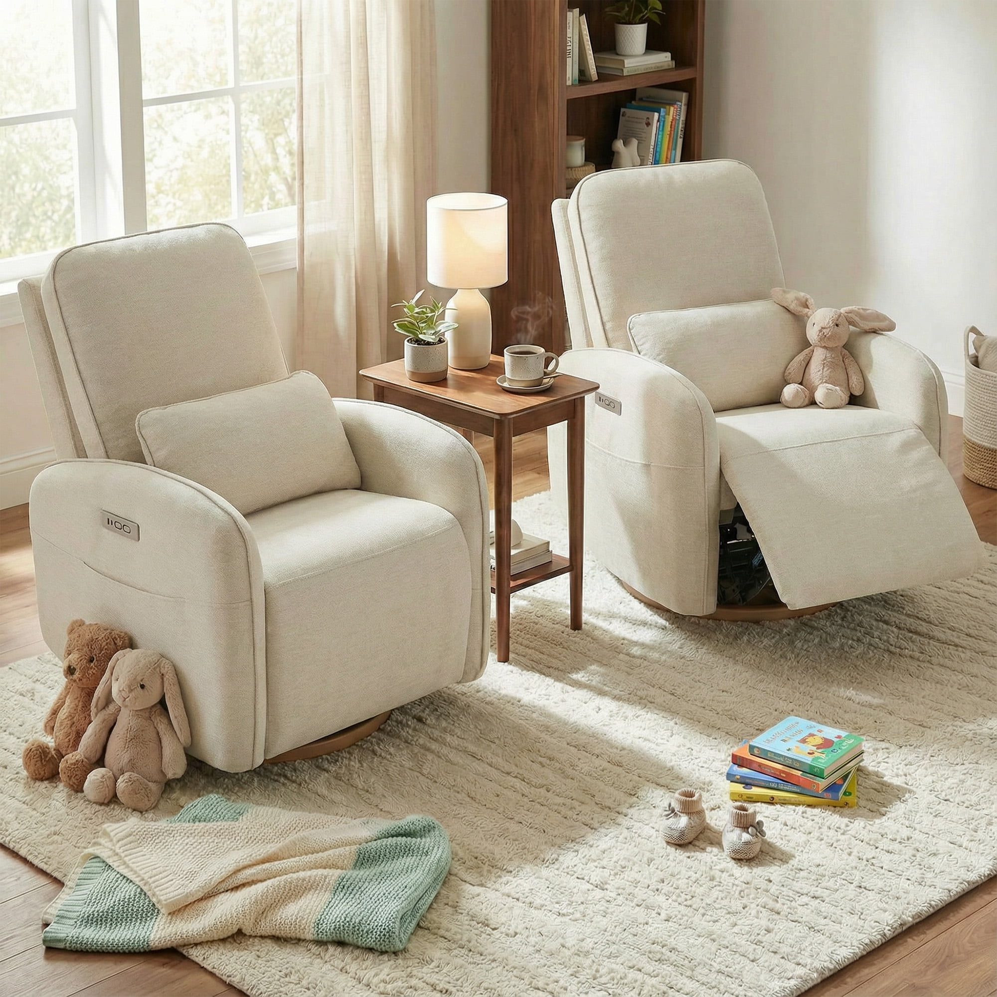 Spruce & Spring Power Swivel Nursery Glider with Lumbar Pillow and Charging Port for Living Room, Linen