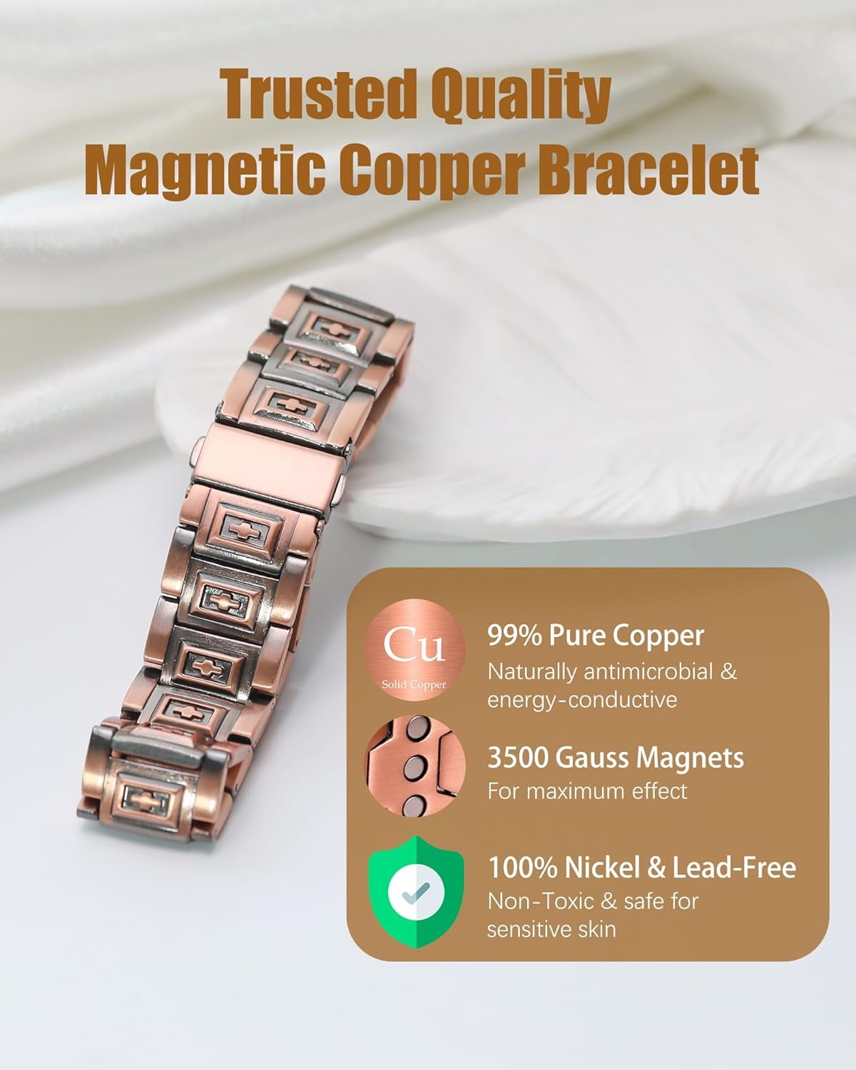 Wollet 3X Copper Magnetic Bracelet Ring for Men 3500 Gauss Magnets, Adjustable Copper Jewelry Gift Set of 2