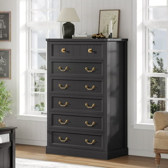 Farmhouse 6 Drawers Dresser for Bedroom, 51.18''Tall Chest of Drawer Nature Texture Vintage Design Organizer for Living Room, Hallway, Black