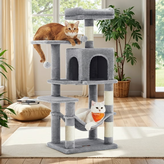 Feandrea Rascador para gato Árbol para Gatos, Torre de Gatos, Altura 112 cm, 4 Postes, 2 Plataformas, 1 Cueva, 1 Hamaca, 2 Pompones, Gris Claro