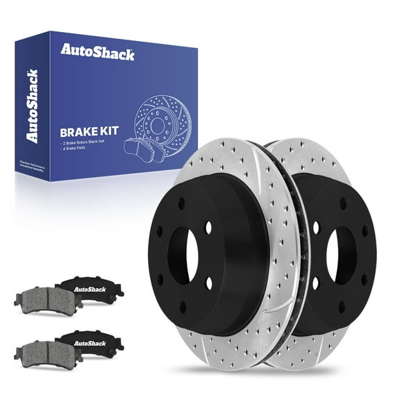 AutoShack 12.99" (330 mm) Rear Vented Drilled & Slotted Brake Rotors E-Coated   Ceramic Brake Pads | Replacement for 2002-2003 GMC Sierra 1500 | 6-PC Brake Kit | ShadowGuard