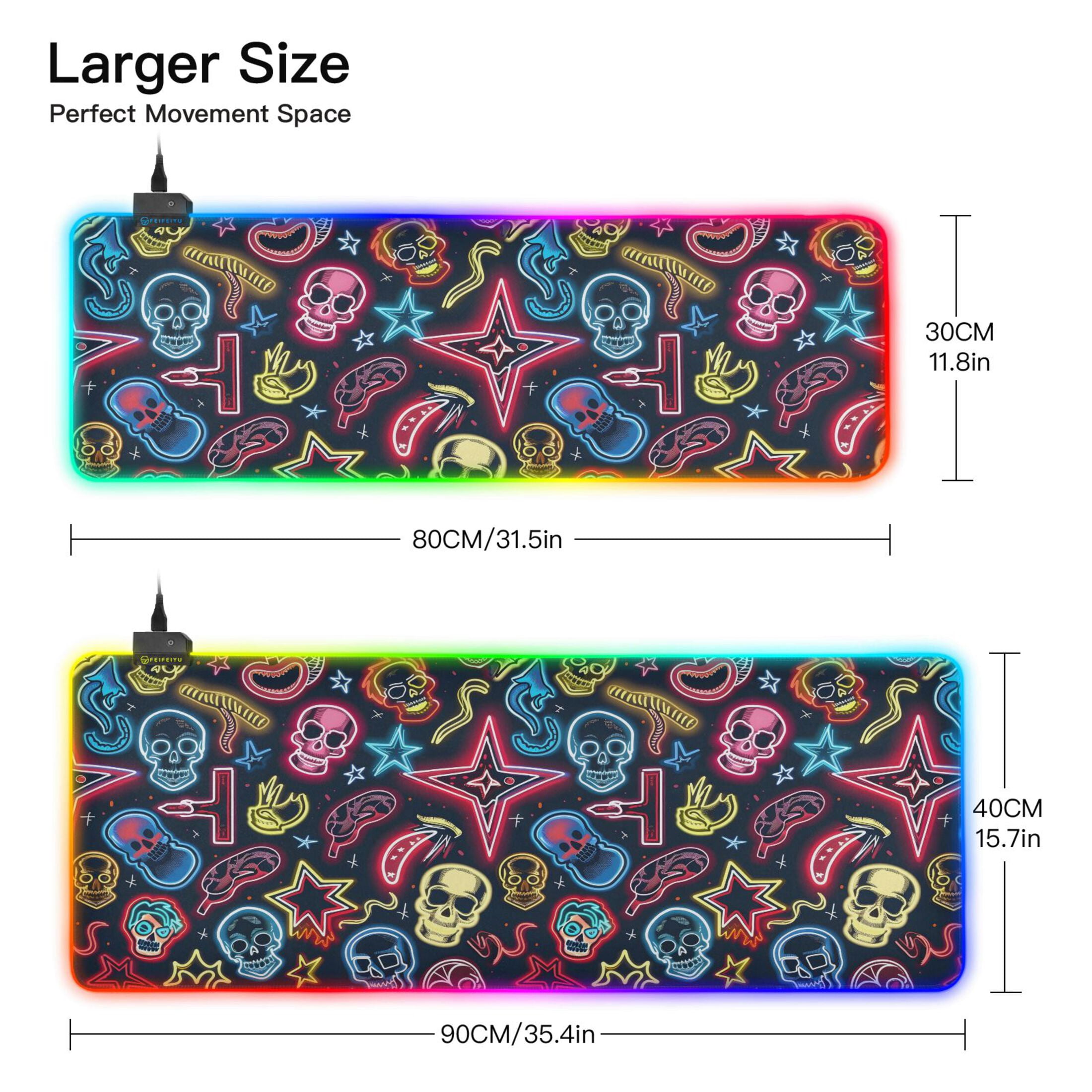 Large RGB Gaming Mouse Pad Led Glowing Mousepad Non-Slip Rubber Base 13 Light Modes 31.5x11.8 Neon Skull Star Sausage