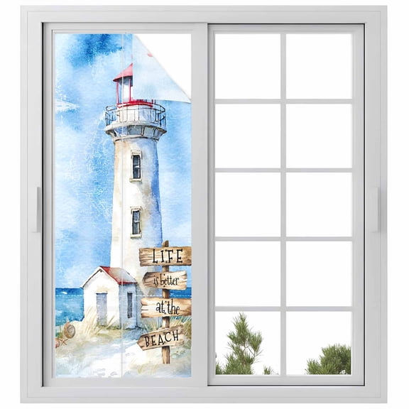 Nautical Blue Window Privacy Film, Lighthouse Ocean Sailboat Summer Painting Static Cling UV Sun Blocking Heat Control Window Tint Day and Night,Non-Adhesive One Way Windows Privacy Cover 23.6''x59''