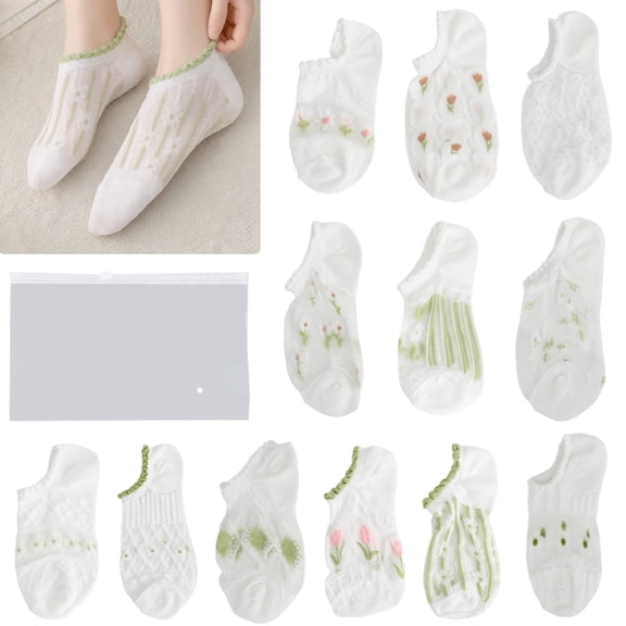 12 Pairs Womens Sheer Socks Lace Mesh Ankle Socks Transparent See Through Short Sock Ultra Thin Nylon Summer Low Cut Socks, Green White