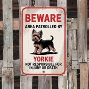 Funny Beware of Dog Metal Fence Sign, Yorkie Warning Tin Sign, 8 x 12 Inch