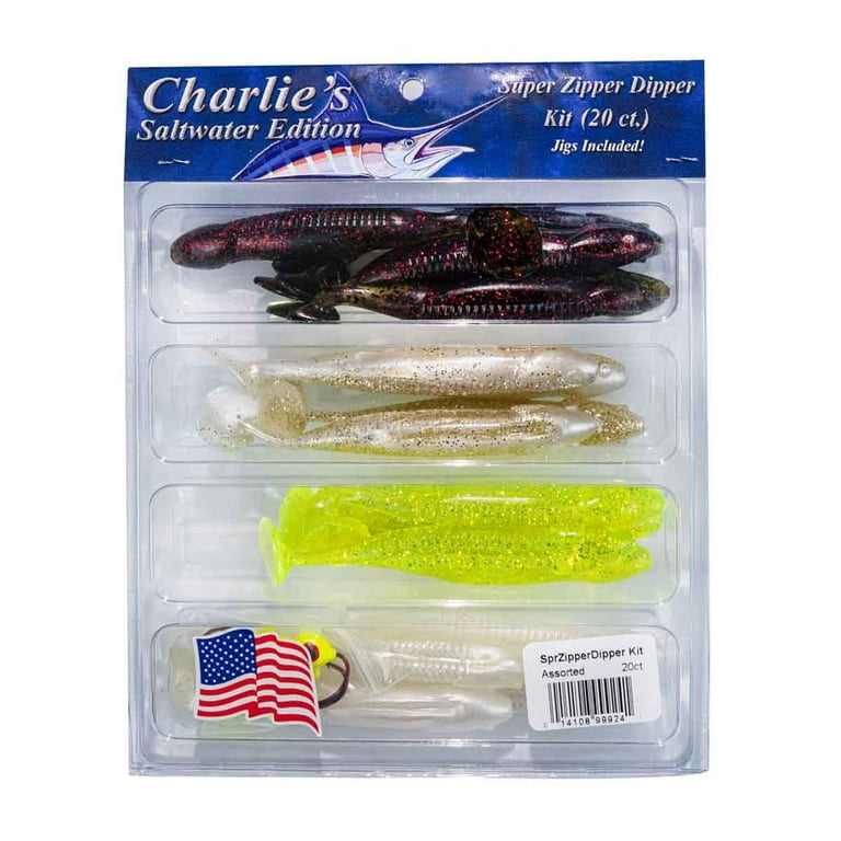 Charlie's Worms Super Zipper Dipper Kit Artificial Fishing Bait for  Freshwater Saltwater and Bass Fishing Lures Scented Softbait 20 Piece kit