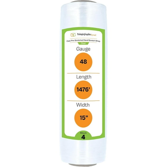PSBM Cast Hand Pre-Stretch Wrap 15" x 1476 Feet 4 Rolls 48 Gauge Plastic Clear Shrink Film for Moving Packing