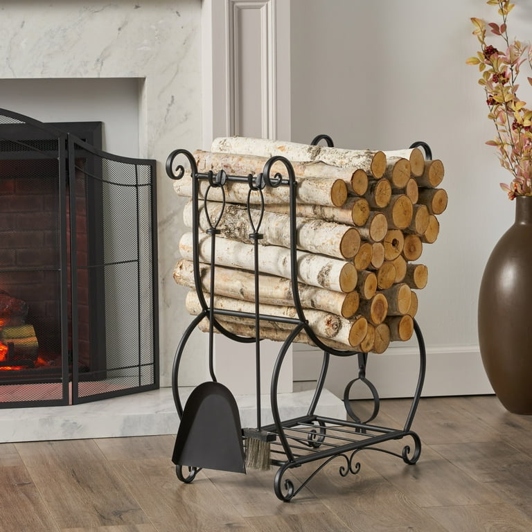 Noble House Rhett Log Rack and Tool Set, Matte Black Noble House Rhett Log Rack and Tool Set, Matte Black