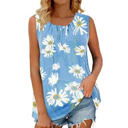 

LBECLEY Printed Silk Tops for Women Women Sleeveless Tunics Summer Casual Flower Print Pleated Tees Tanks Casual Crew Neck Tunics Tops with Bra White Xl