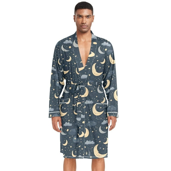 Dailycode Men Robe Lightweight Soft Bathrobes Kimono Nightgown Crescent Moon Star Cloud
