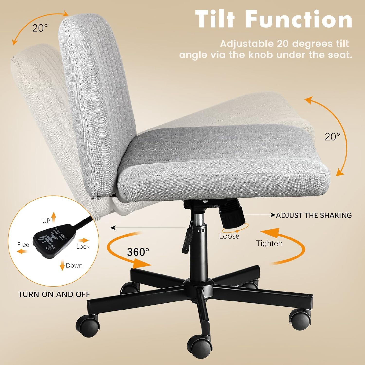 Waleaf Indoor Armless Office Desk Chair with Wheels, Gray