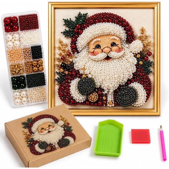 DIY Christmas Pearl Diamond Painting Art Kit with Frame, Pearl Art Kits for Adults, 5D Pearls Diamond Art Painting Kits, Bead Art Craft for Home Wall Decor Holiday Christmas Gift (#D,7.8*7.8in)