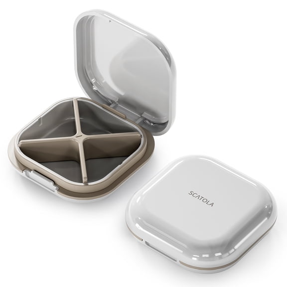 ONTERATE Small Pill Case with 4 Compartments, Portable Pill Organizer for Purse, Medicine Holder, White Grey