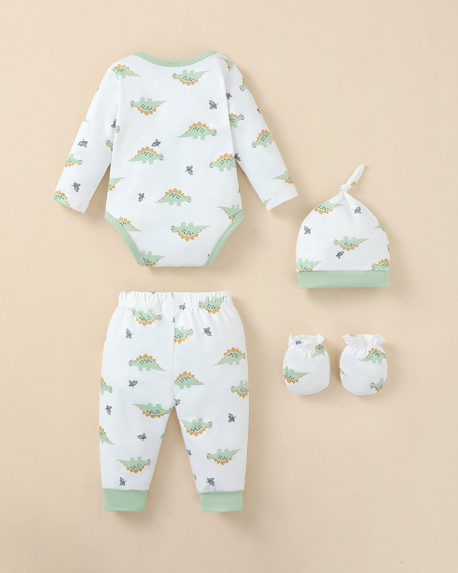 KIMI BEAR Newborn Preemie Baby Boys Layette Set 4 Packs Shower Gift Sets Romper Top Pants Set Short Sleeves Tops Dinosaurs Print Striped Outfits with Bodysuits 15pcs Essential Clothes Green