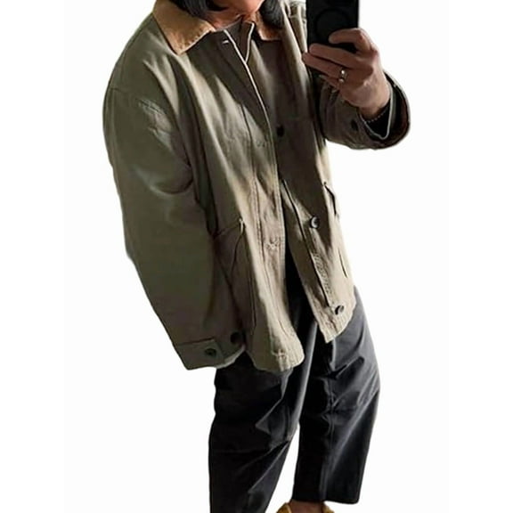 Female Trendy Jackets Fall Contrast Collar Zip Up Cotton Oversized Casual Cargo Barn Jacket Olive Green S