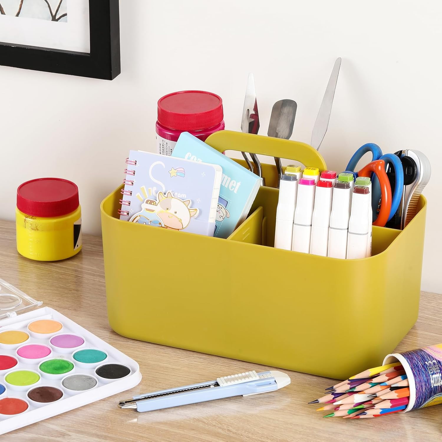 Multiuse Caddy Organizer with Handle - Stackable Plastic Tote Bin - Art Craft Supplies, Office, Desk, Stationery Pen Holder, Kitchen, Utensil, Makeup, Bathroom, Shower, Cleaning