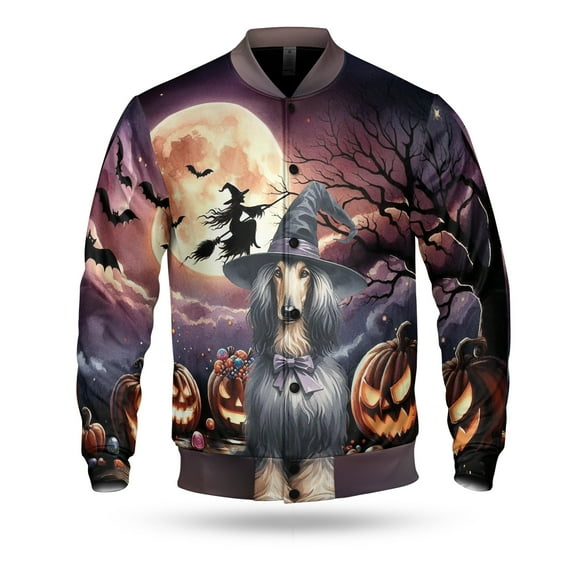 Spooky Halloween Night Witch Afghan Hound Glowing Pumpkins All Over Print 3D Baseball Jacket Dog Lover Bomber Jacket Softball - 12015