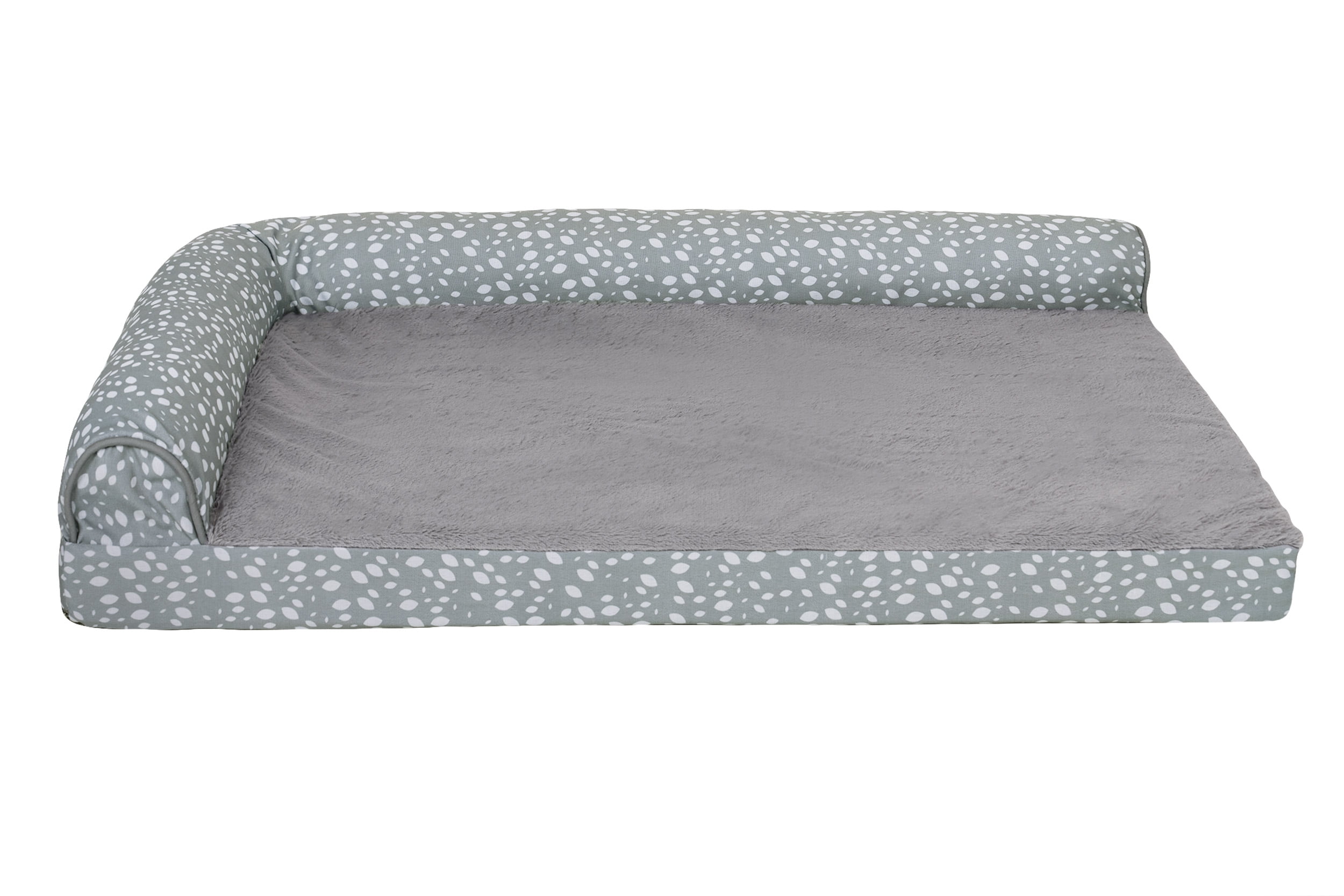 FurHaven Pet Products Plush Faux Fur & Almond Print Orthopedic Deluxe L-Chaise Sofa Pet Bed for Dogs & Cats - Gray Almonds, Large