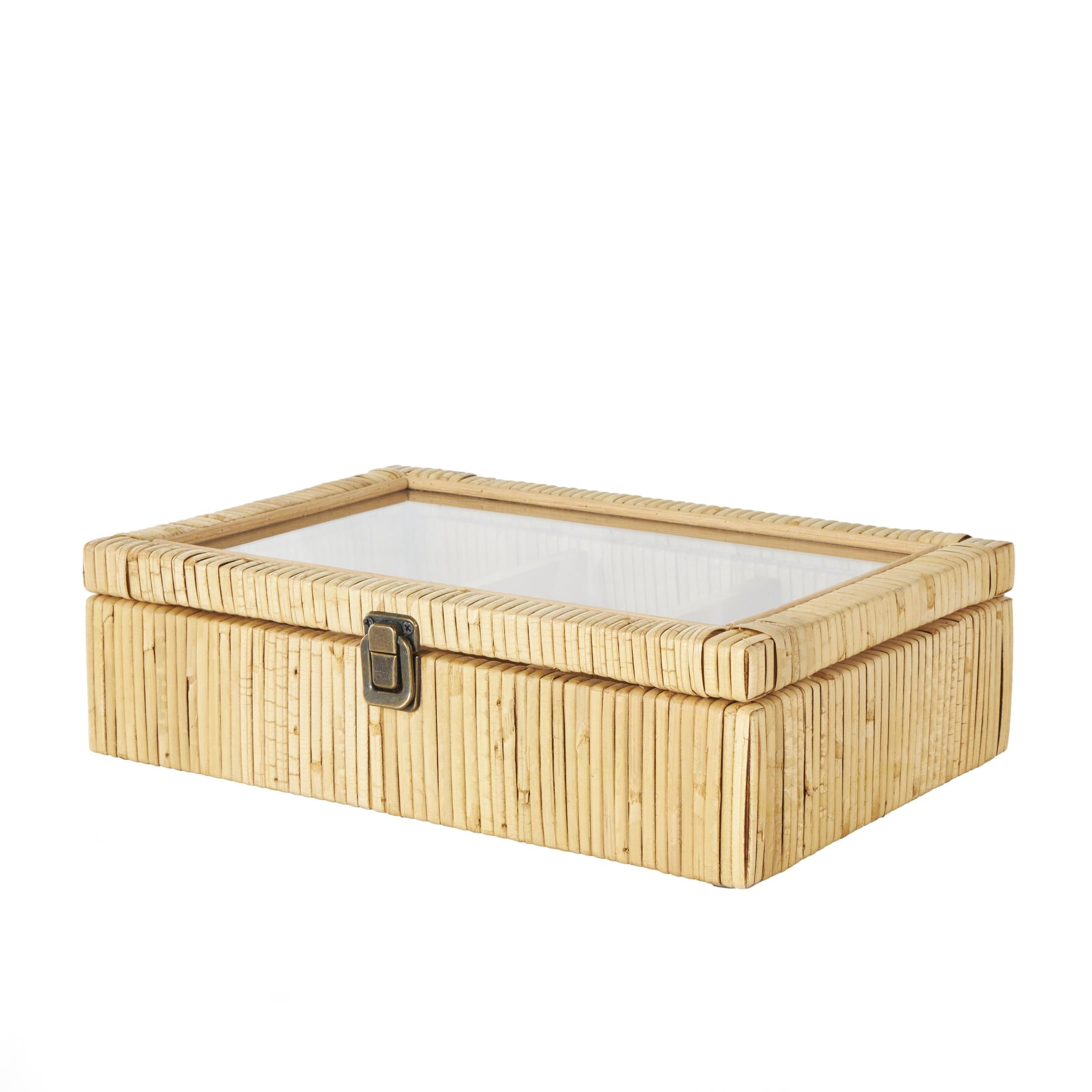 DecMode Handmade Wrapped 6 Slot Brown Rattan Decorative Jewelry Box with Tempered Glass Top