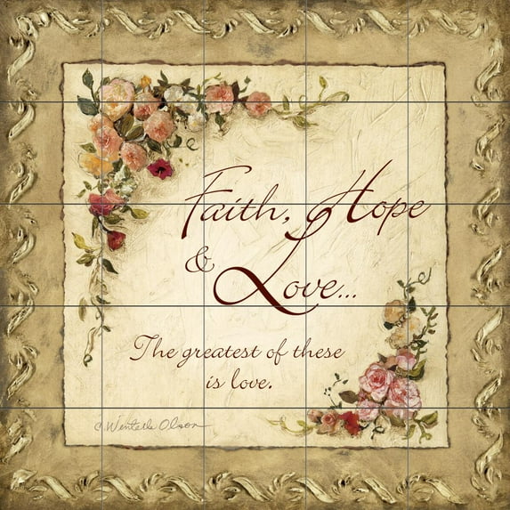 Tile Mural Kitchen Backsplash - Faith Hope and Love - by Charlene Olson