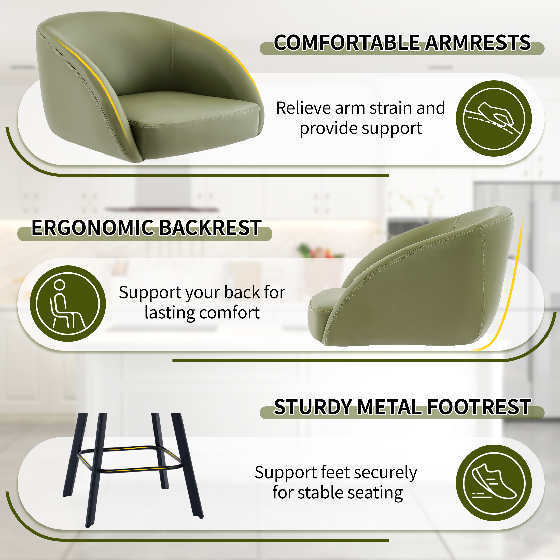 FIRAVOE Bar Stools Set of 2, Swivel Counter Height Bar Stools with Back & Arms (26") Modern Faux Leather Bar Chairs for Kitchen Island, Green