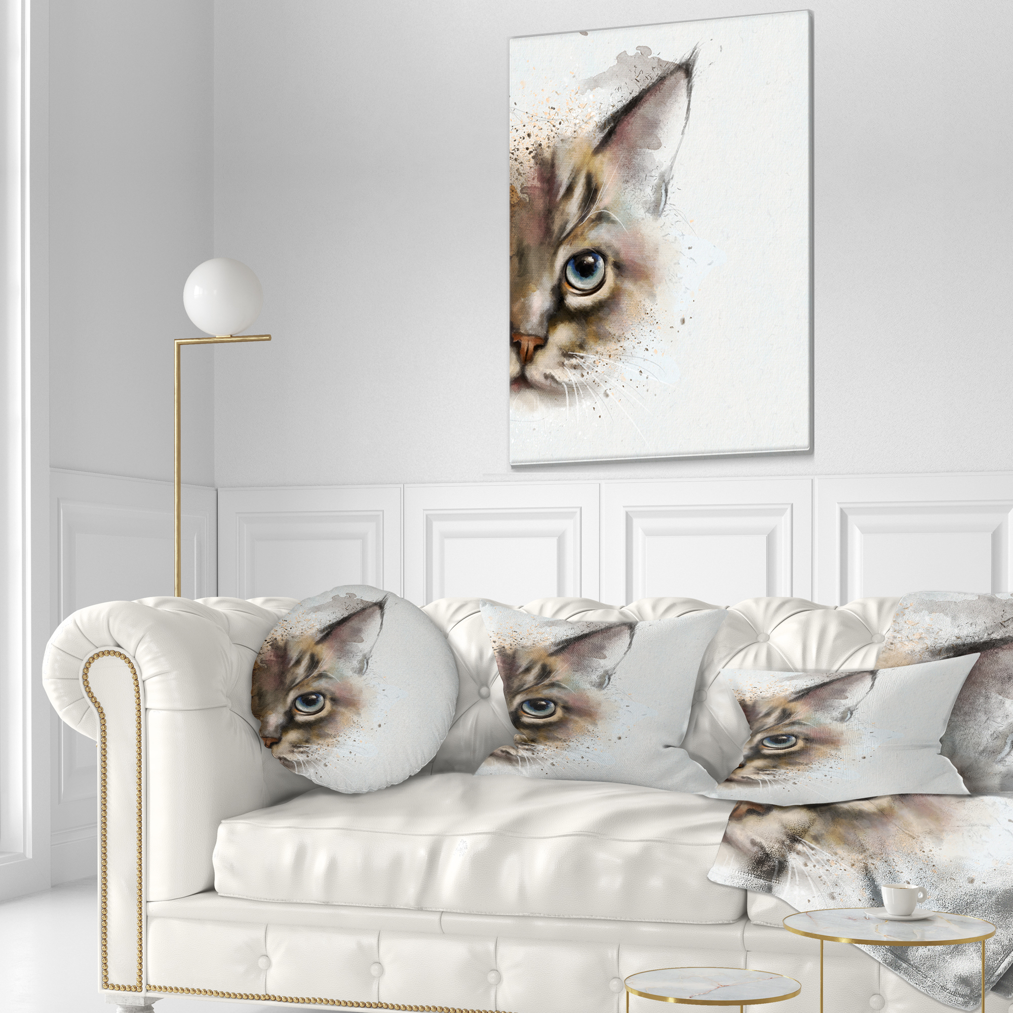 Designart Cat Half Face Watercolor - Animal Throw Pillow - 12x20